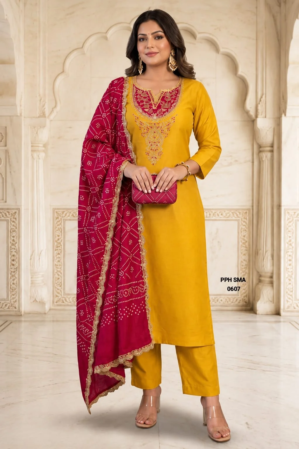 Off-White Embroidered Kurta with Magenta Bandhani Dupatta Set